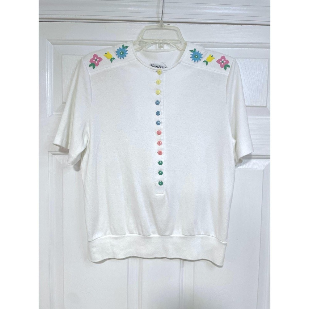 VTG 80s Sanibel White Top Colorful Floral Embroidery Buttons Womens M Granny‎